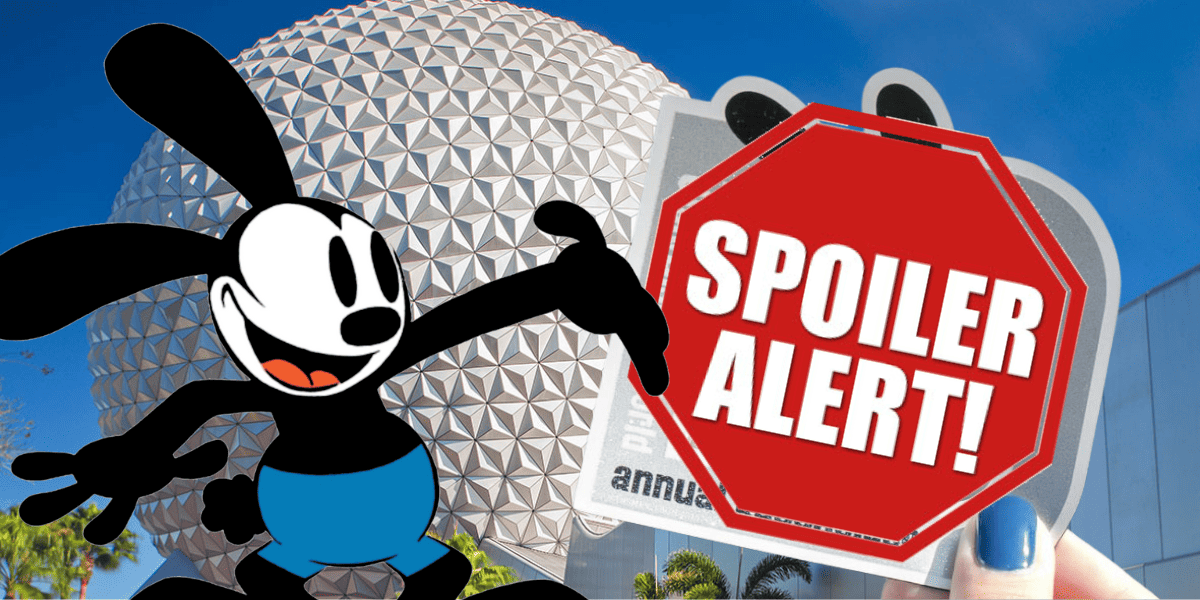 oswald the lucky rabbit pointing toward new Annual Passholder, "Spoiler Alert" sticker covering the magnet, EPCOT's spaceship earth in background
