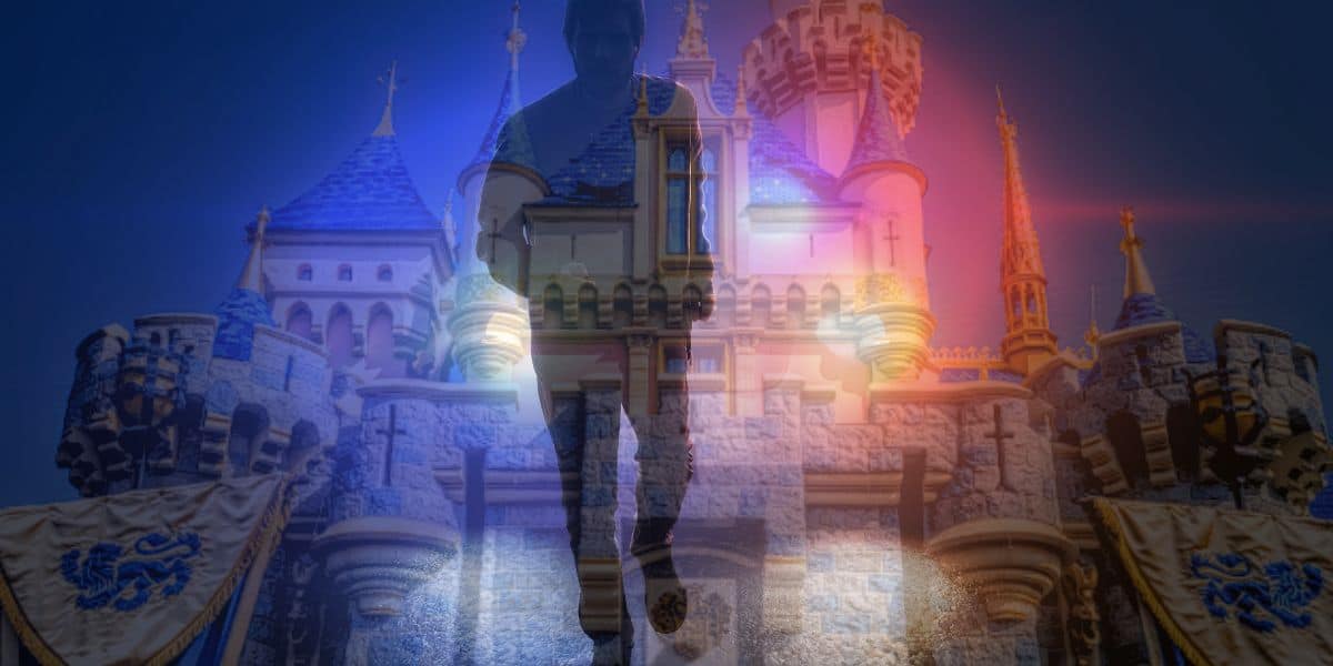 man running away from police and sleeping beauty castle disneyland