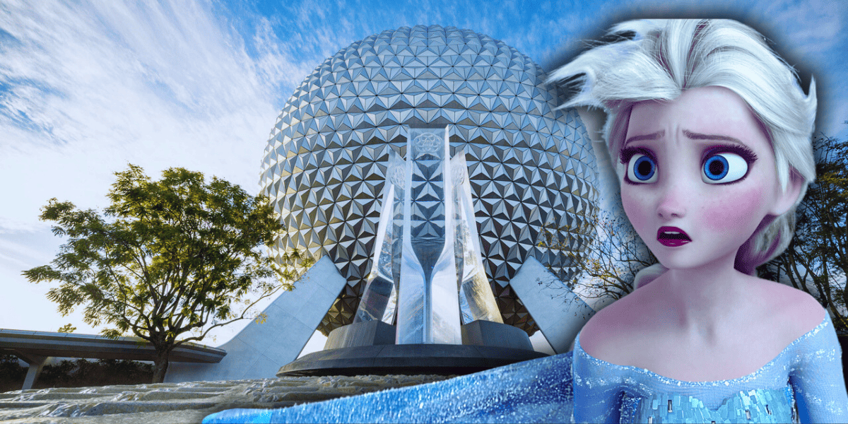 elsa shocked and upset, EPCOT's Spaceship Earth in the background