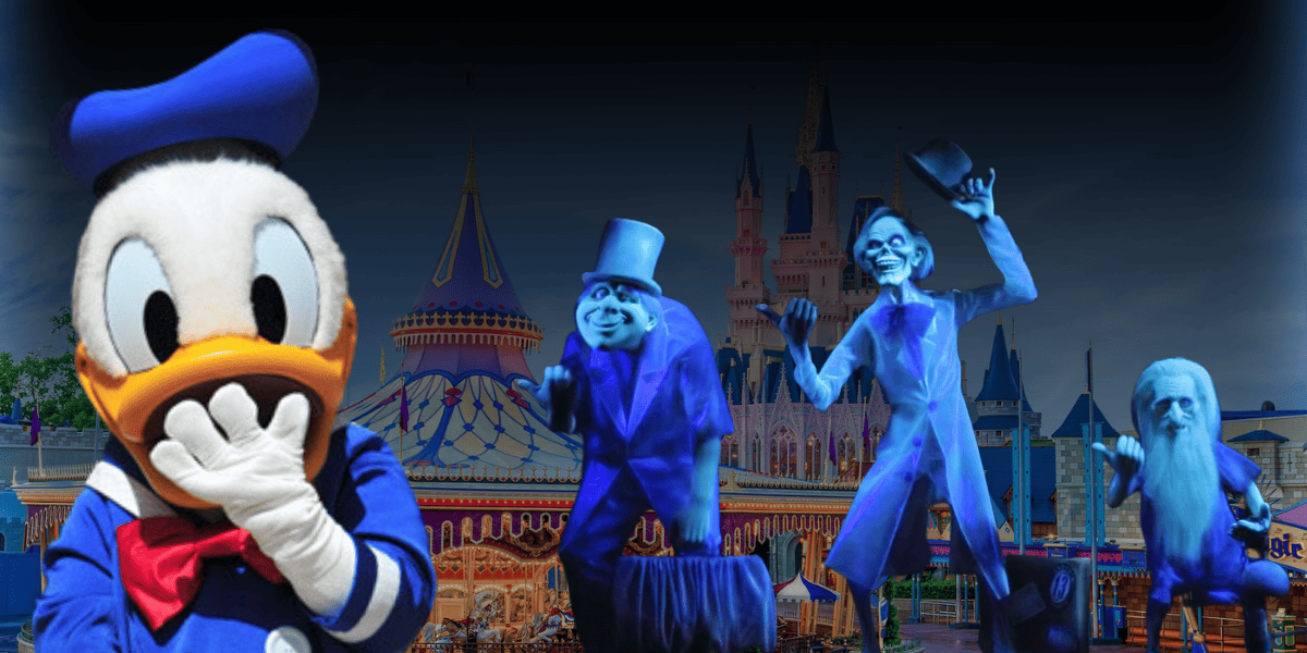 donald shocked, hitch-hiking ghosts, shadowy magic kingdom in the background