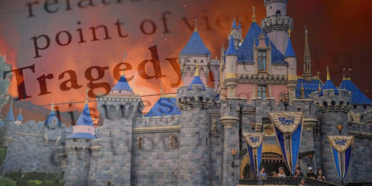 sleeping beauty castle at disneyland california with flames behind it and "tragedy" in black letters
