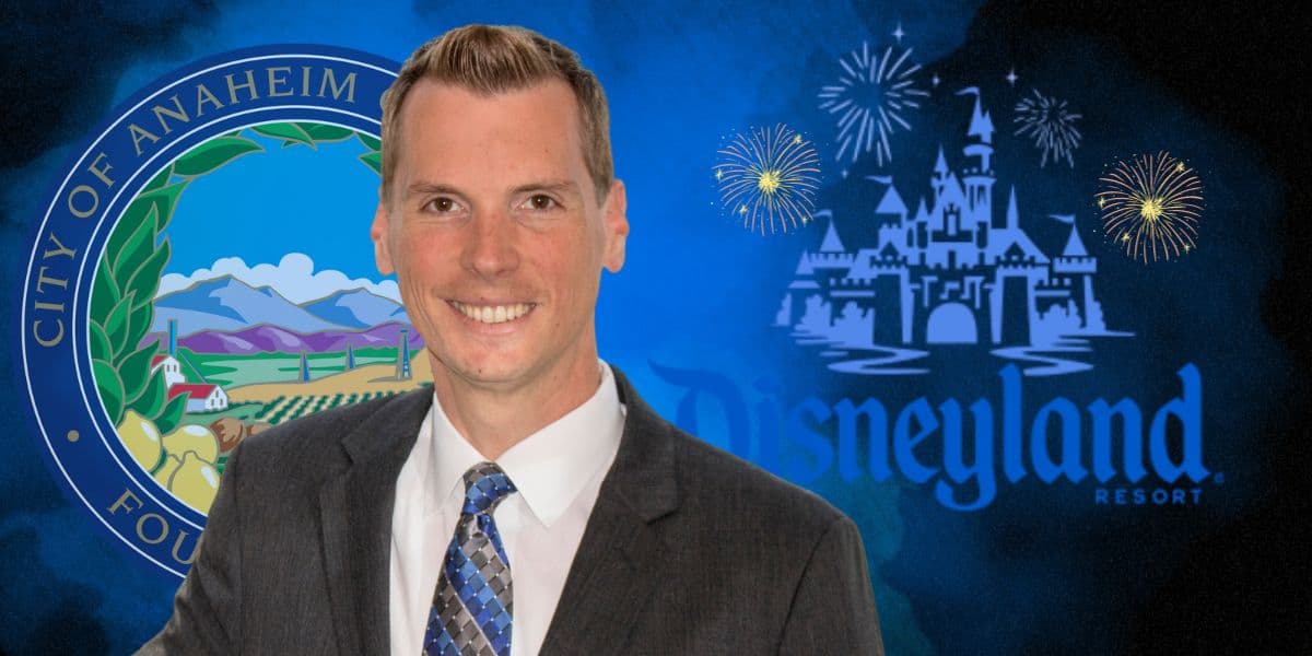 councilman jordan brandman with anaheim city logo and disneyland logo