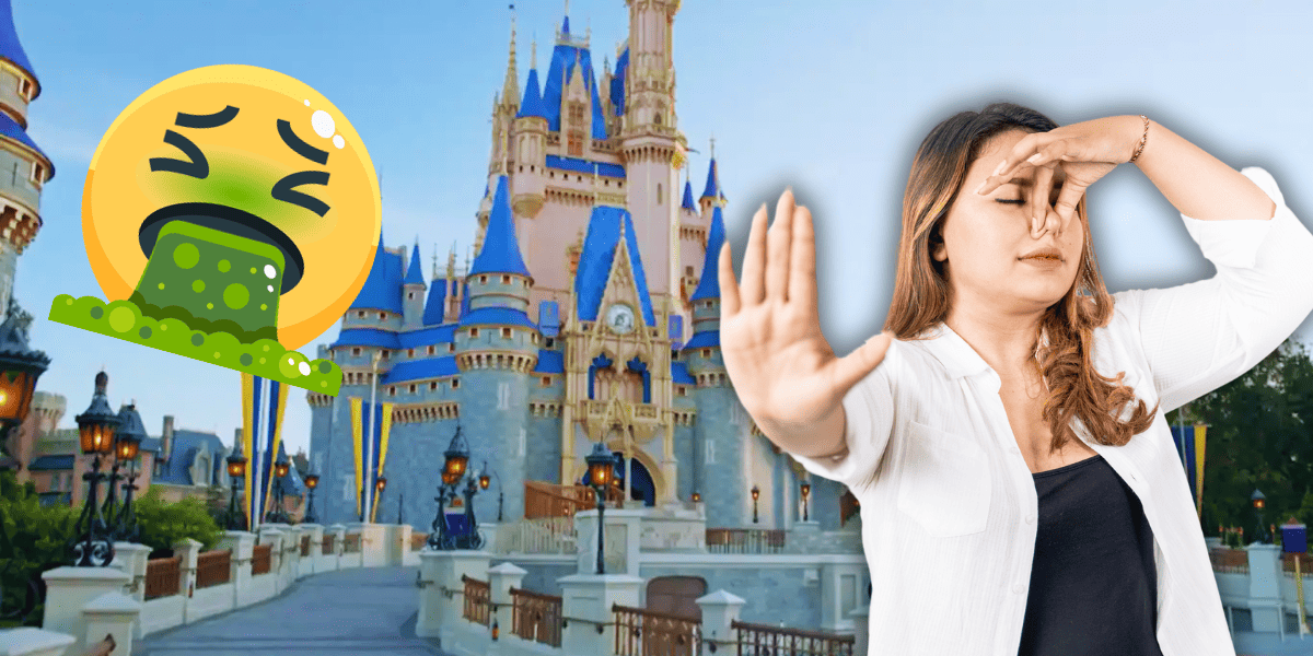 magic kingdom cinderella castle, disgusted emoji, woman pinching her nose and holding a hand out