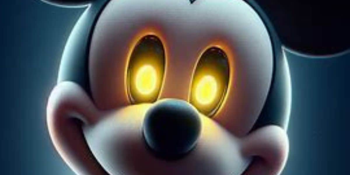 scary mickey mouse with yellow glowing eyes