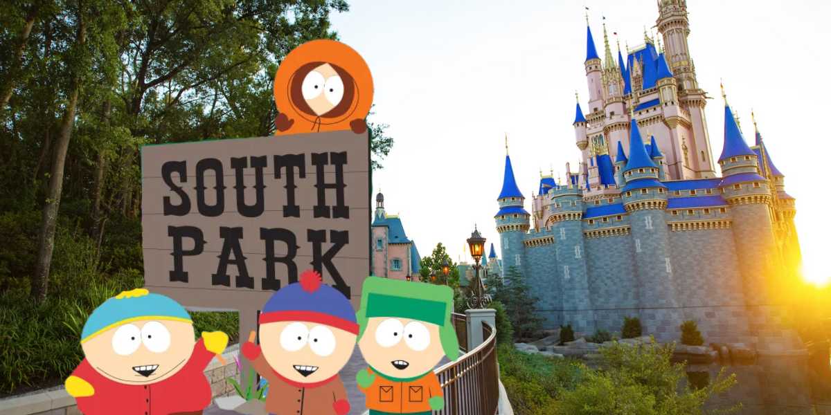South Park cartoon characters near Cinderella Castle