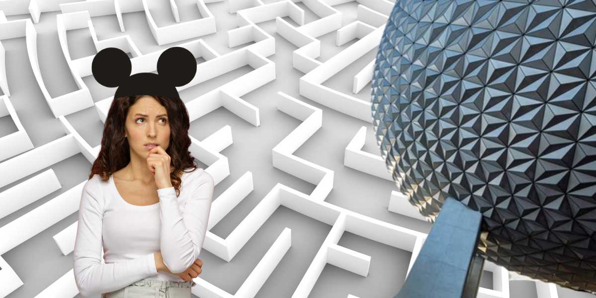 EPCOT's Spaceship Earth with maze and confused person