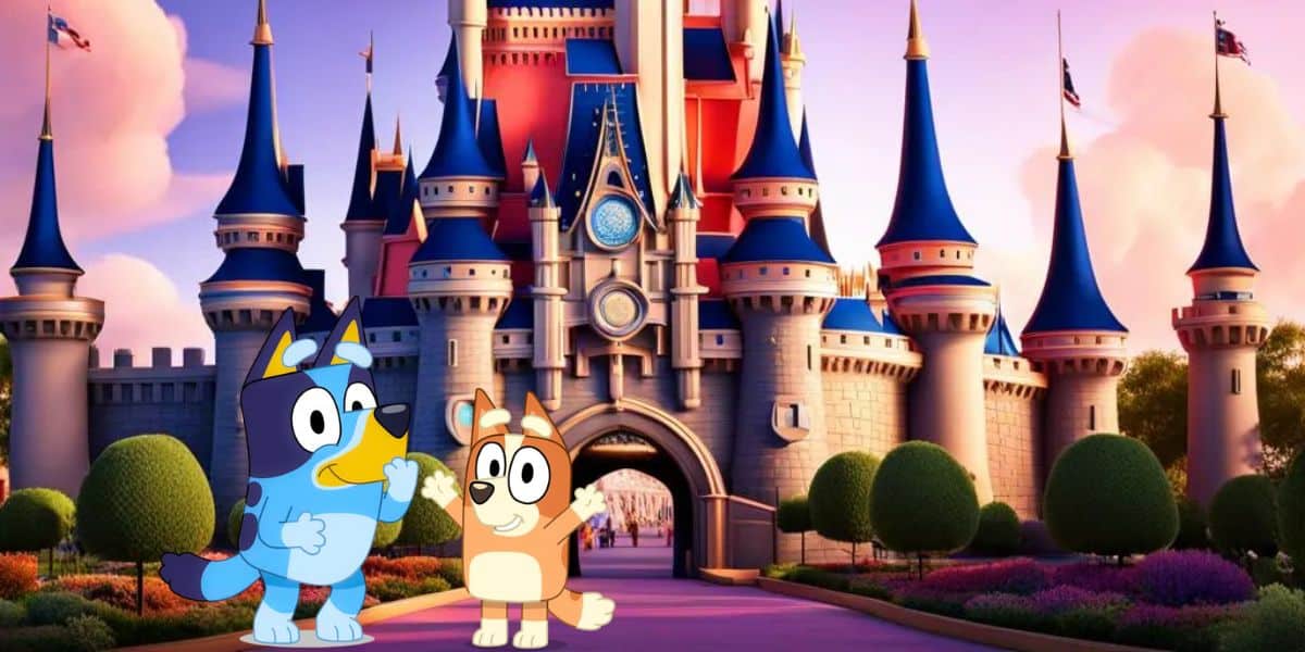 Bluey and Bingo standing in front of a castle