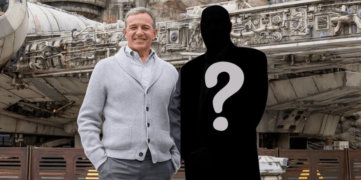 Bob Iger wearing a light gray cardigan stands next to a silhouette with a question mark on it, hinting at the potential Bob Iger replacement. They are in front of the detailed exterior of a spaceship, resembling the Millennium Falcon from Star Wars.