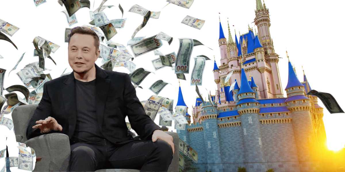 Elon Musk in front of Cinderella Castle with money raining down