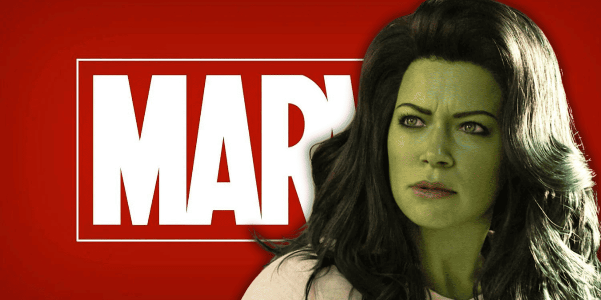 She-Hulk in front of the Marvel logo