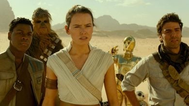 L-R: Finn (John Boyega), Chewbacca (Joonas Suotamo), Rey (Daisy Ridley), C-3PO (Anthony Daniels), and Poe Dameron (Oscar Isaac)