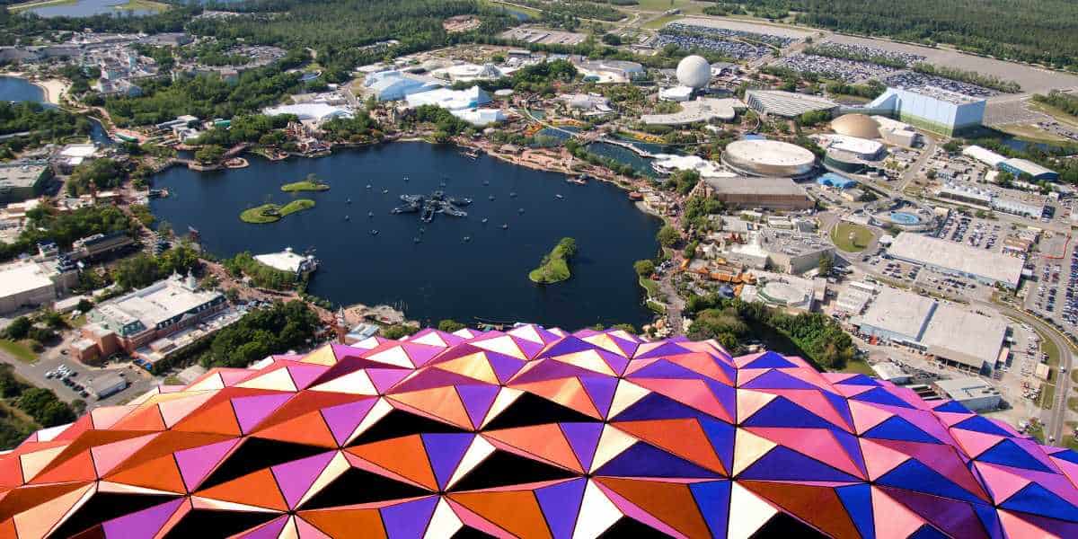 Overview of EPCOT with spaceship earth close