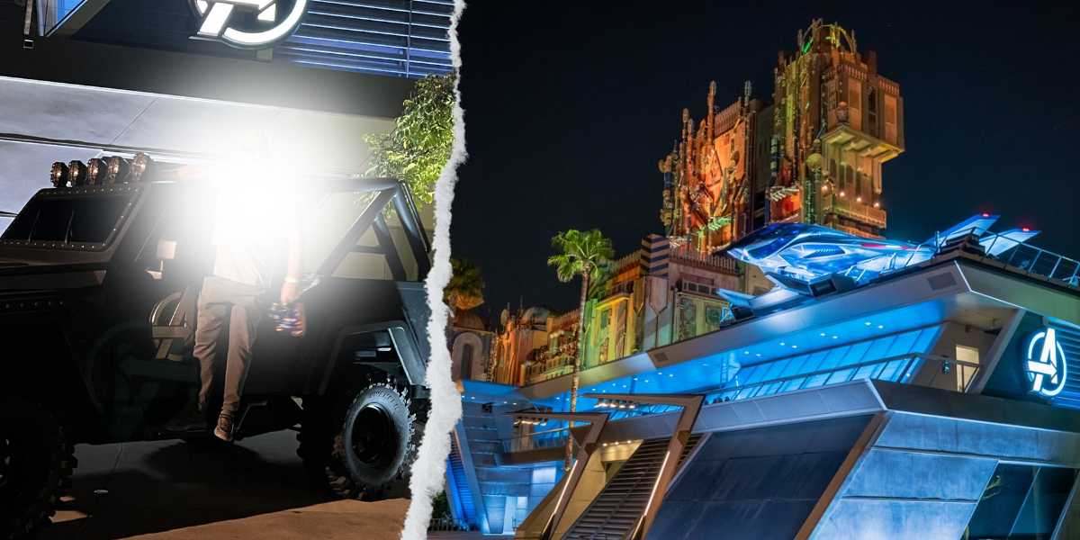 Guest on left climbing a vehicle at Disneyland Resort Avenger's Campus