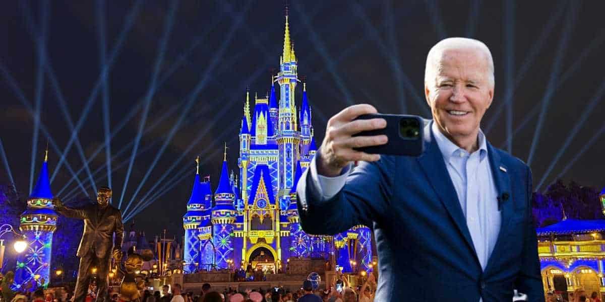 Joe Biden with a phone in front of Cinderella Castle at Magic Kingdom