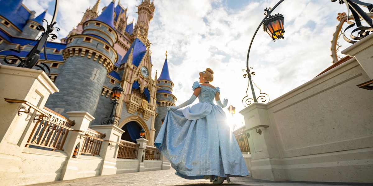 Cinderella walking in front of Magic Kingdom castle