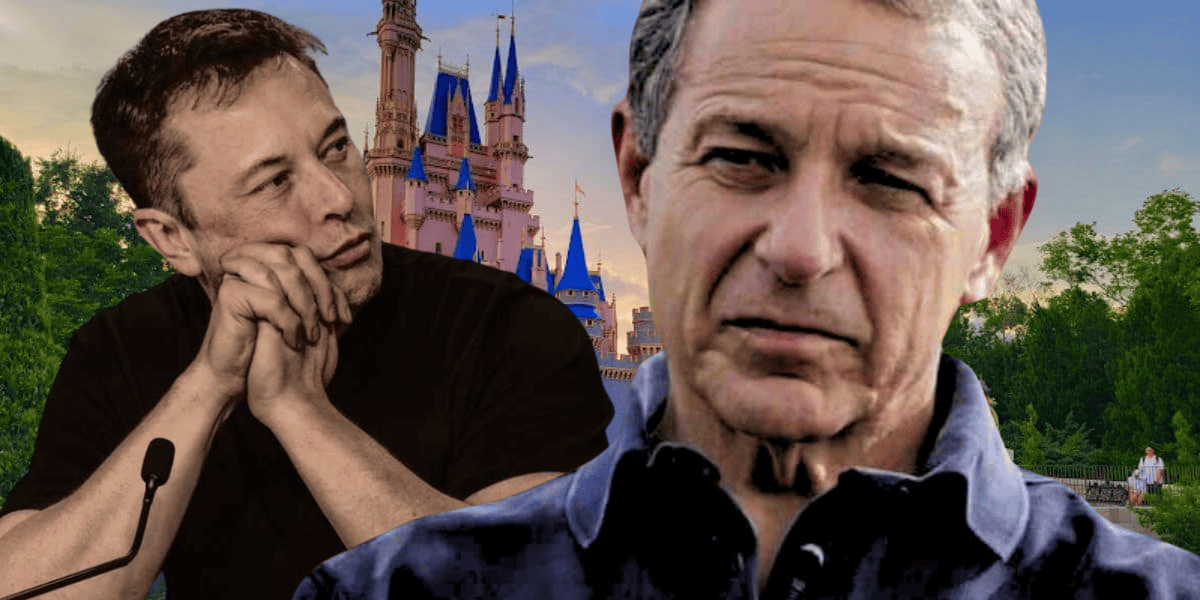 elon musk and bob iger with cinderella castle