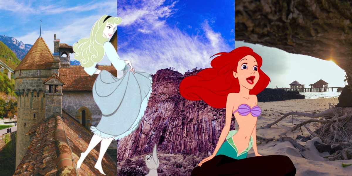 Aurora from 'Sleeping Beauty' and Princess Ariel from 'The Little Mermaid' in front of Chillon castle, Hell's Gate National Park, Samoa,