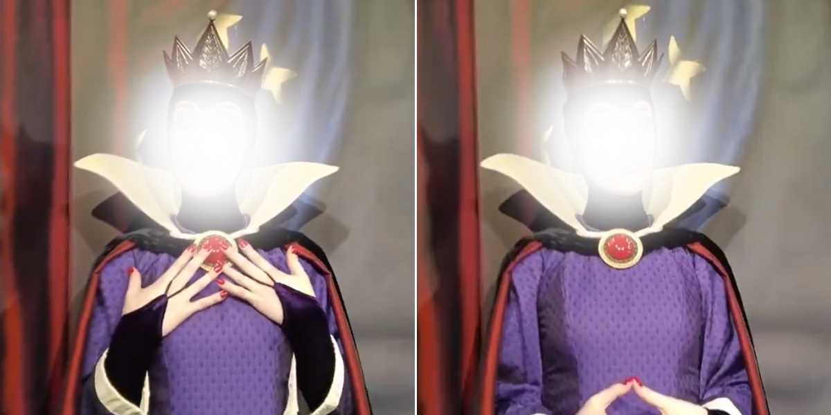side by side images of transgender evil queen with blurred face