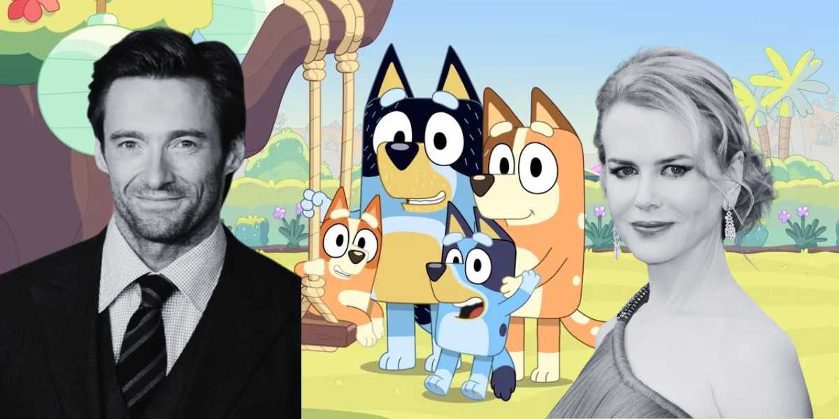 Collage of a smiling man in a suit on the left, a group of animated dogs from a cartoon on the right, and a woman in an elegant dress on the far right, all against a playful, pastel background.