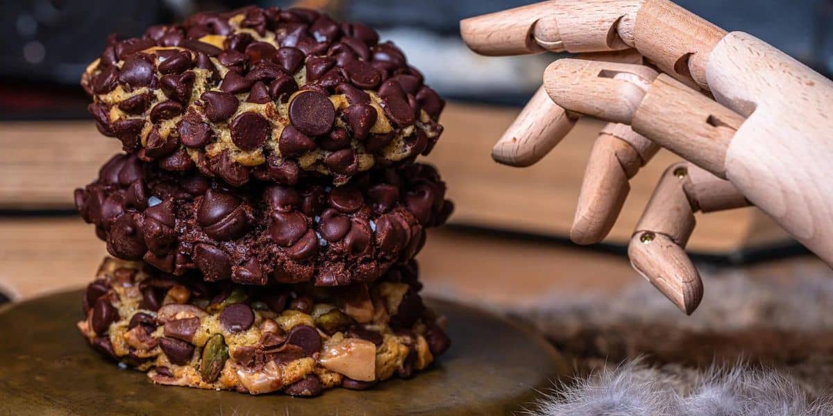 A wooden hand model posed next to a stack of two chocolate chip cookies with various nuts. The cookies are thick and have an abundance of chocolate chips. The background features books and a fur texture, adding a cozy and rustic ambiance.