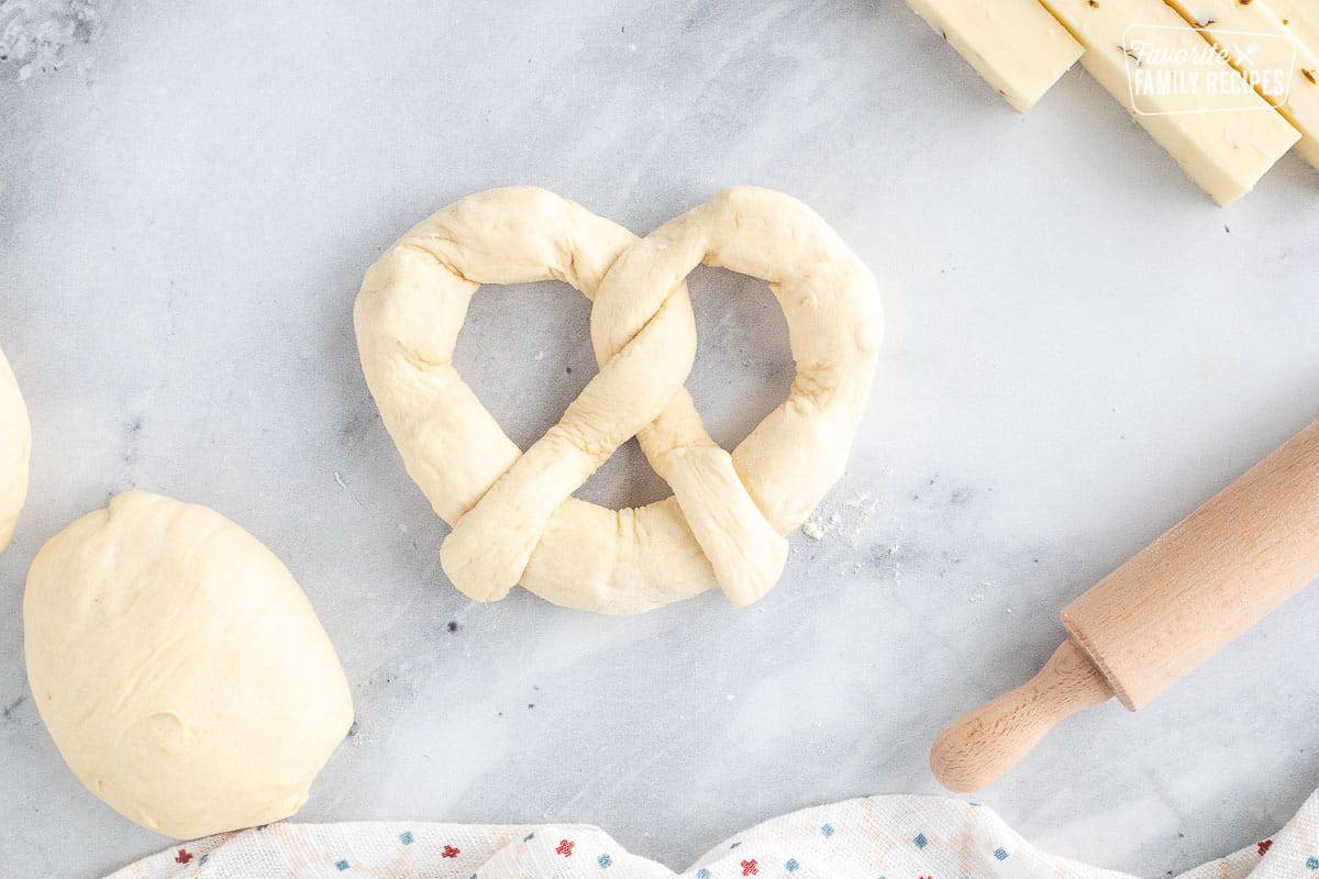 Dough shaped like a pretzel.