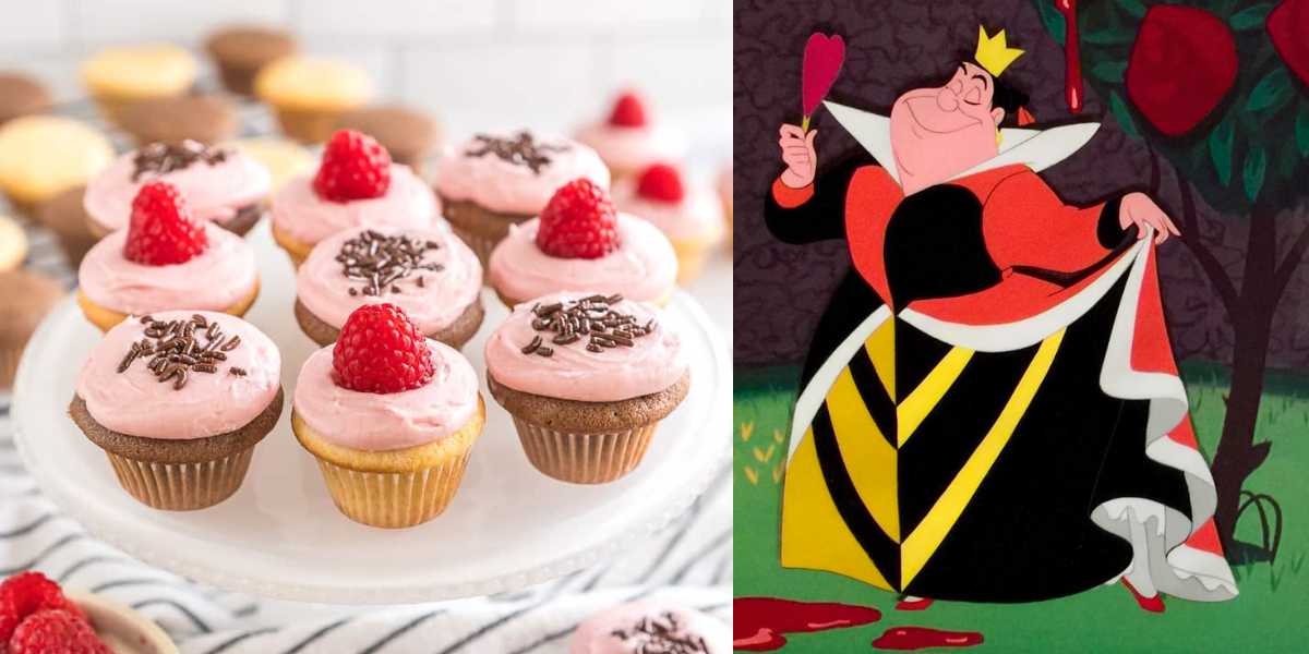 A group of cupcakes topped with pink frosting, chocolate sprinkles, and raspberries are displayed on a white cake stand. To the right, an animated queen character holding a heart-shaped object is seen against a backdrop of large red roses—a perfect mini cupcakes recipe for your ‘Alice in Wonderland’ celebration.