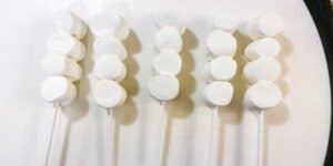 Five skewers with three white marshmallows each, resembling Tigger Tails, are laid out in a row on a pristine white surface.