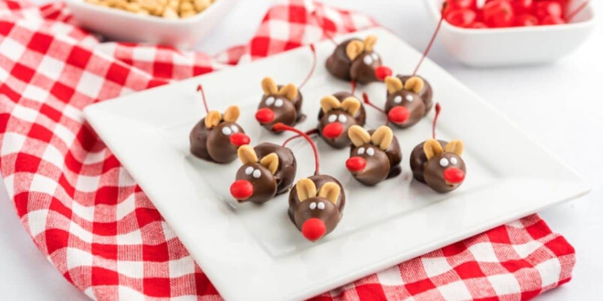A plate with chocolate cherry mice candies decorated with almond ears and red candy noses is placed on a red and white checkered cloth. In the background, there are bowls containing peanuts and red cherries.