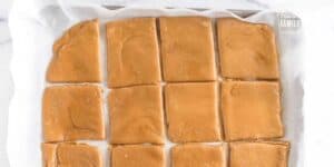 A tray of neatly cut homemade peanut butter fudge arranged in squares, separated by parchment paper strips.