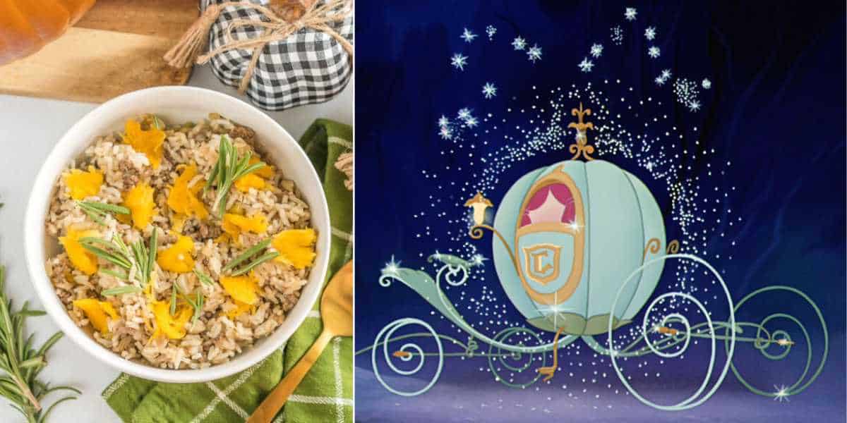 On the left, there's a bowl of rice with herbs and orange flowers, garnished with rosemary. On the right, an animated scene depicts Cinderella's pumpkin carriage, adorned with sparkles against a dark background—truly a dinner in a pumpkin recipe fit for Cinderella’s royal feast.