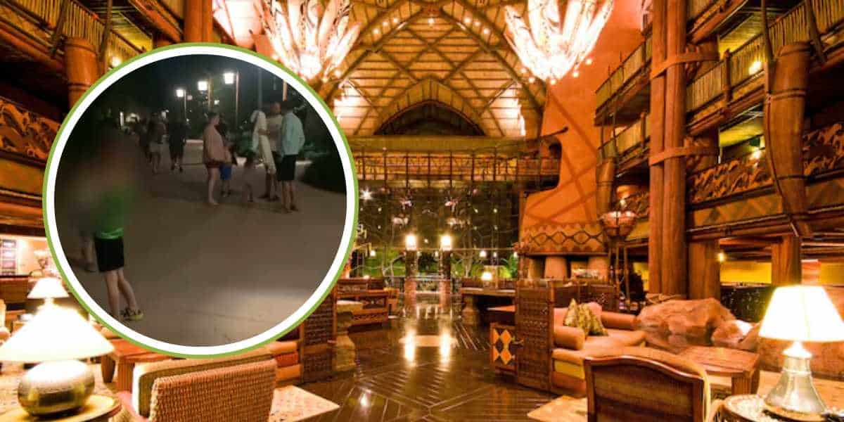 A collage showing two settings: on the left, people walking outdoors at night, magnified in a circle; on the right, a cozy, large indoor lodge with wooden architecture and warm lighting.