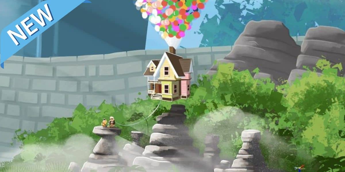 Illustration of a whimsical house lifted by colorful balloons over rocky terrains, with a "new" banner in the corner, evoking a sense of adventure and innovation in Storybook Land Canal Bo