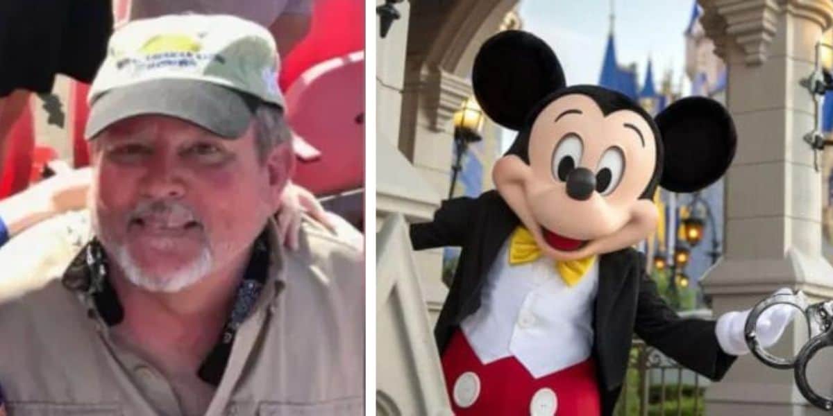 A split image: on the left, a man with a gray beard wearing a cap, glasses, and a casual shirt is smiling outdoors; on the right, Mickey Mouse is waving, dressed in a tuxedo with a yellow bowtie, standing in front of a castle at a Disney theme park.