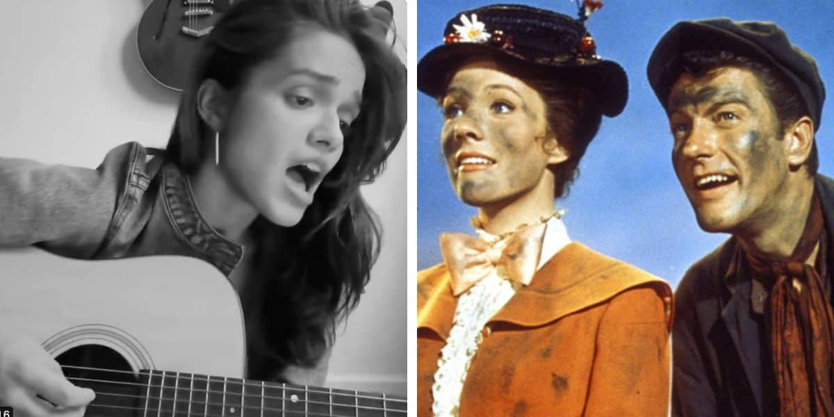 A split image: on the left, a woman with long hair, wearing a denim jacket, playing a guitar and singing. On the right, a scene from the movie "Mary Poppins," featuring characters created by Richard M. Sherman—a woman in a costume hat and coat with a white bow, and a man in a cap and scarf with sooty faces.