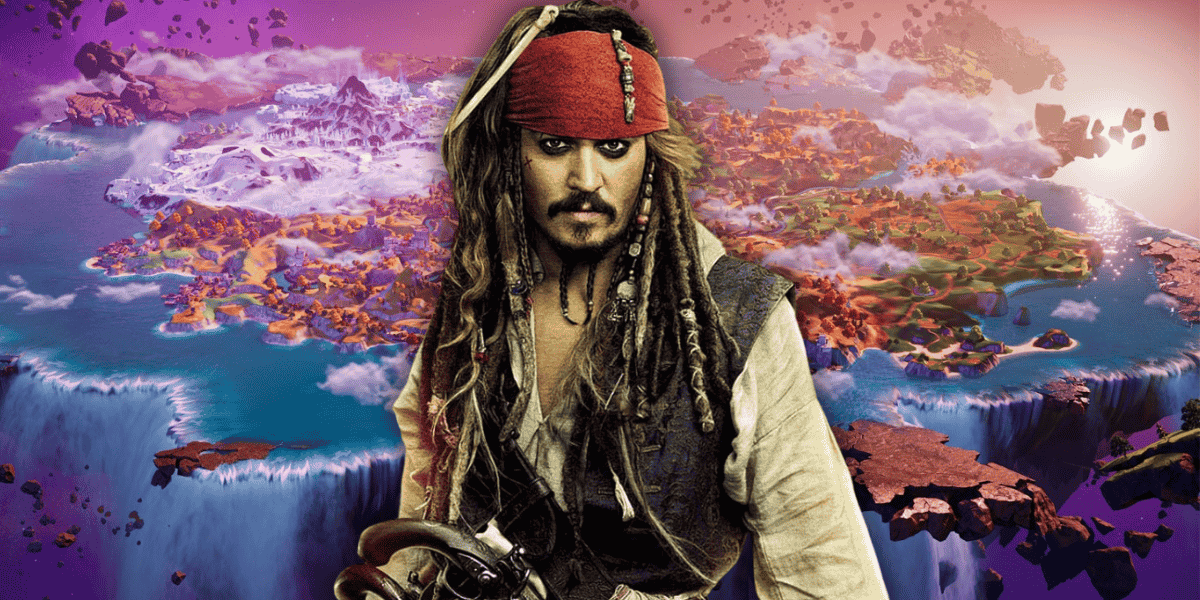 A person dressed as a pirate with a red bandana, dreadlocks, beads, and dark eyeshadow stands in front of a vivid, animated fantasy landscape with floating land masses, waterfalls, and colorful skies. jack sparrow The pirate holds a sword and wears a vest over a white shirt.