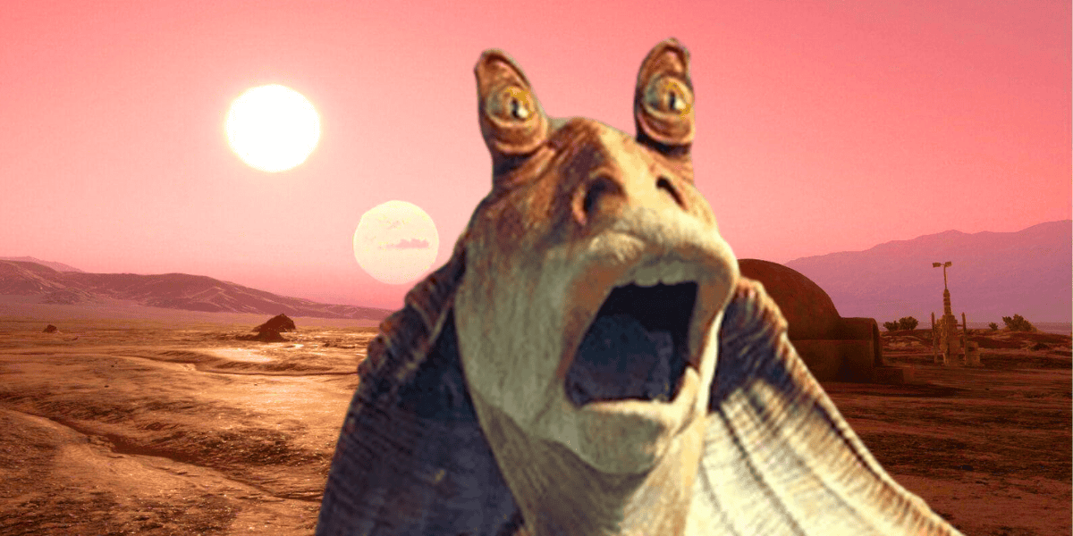 Jar Jar Binks looking shocked on Tatooine
