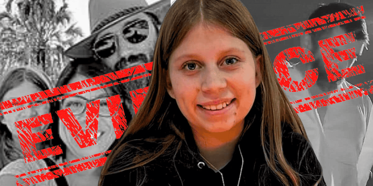 A young girl with long brown hair smiling at the camera. In the background, black-and-white images of people are overlaid with a red stamp of the word "EVIDENCE" in large letters.