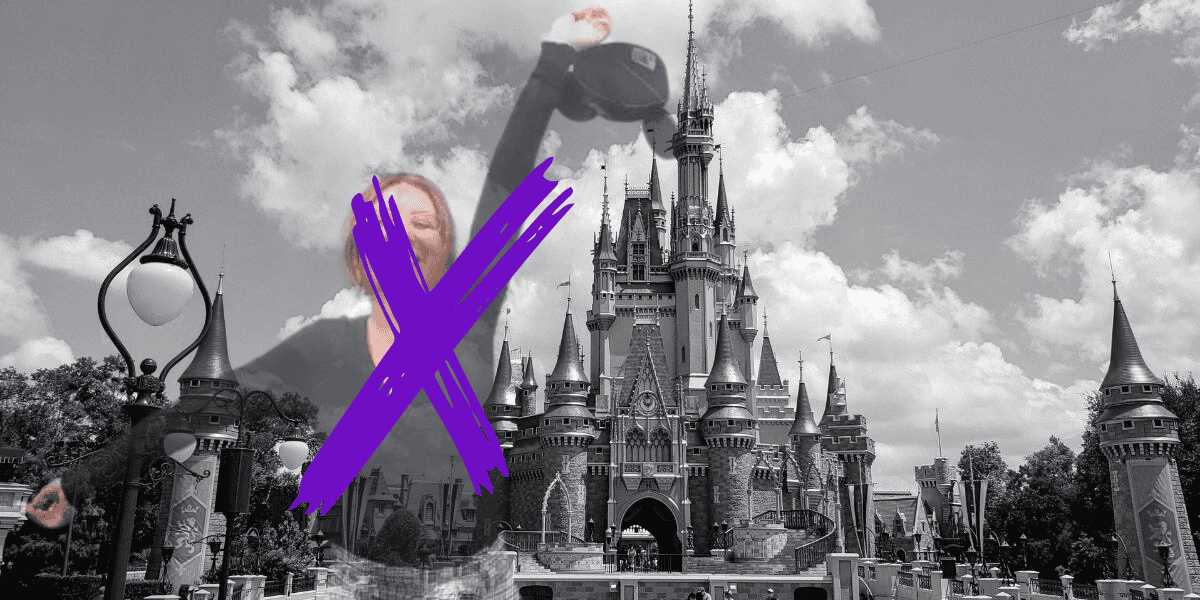 A black and white photo of a castle with a color image of a woman superimposed, swinging on a rope with a big purple x mark across her.