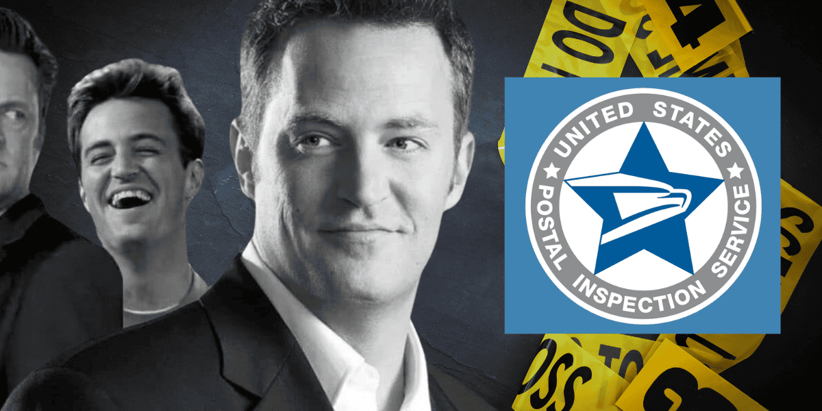 A composite image includes a centered photo of a man in a suit, a laughing man on the left, and a law enforcement insignia for the United States Postal Inspection Service on the right. Yellow crime scene tape adds a dramatic background.