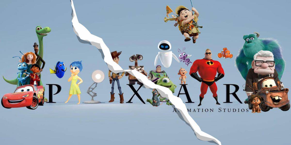 An image featuring various Pixar characters including Woody, Buzz Lightyear, Wall-E, Joy, Mike Wazowski, and others, standing on either side of a torn Pixar Animation Studios logo. The background is a light blue gradient.