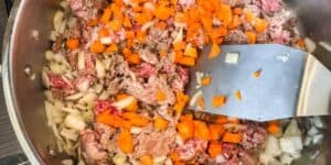 A close-up of a skillet showing ground beef being browned with chopped onions and carrots. A spatula is seen stirring the mixture. The vegetables are starting to soften, and the meat is partially cooked, with some pieces still raw.