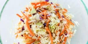 A close-up of a bowl filled with colorful coleslaw. The coleslaw consists of shredded green and purple cabbage, carrots, and onions. The vegetables are mixed together and appear fresh and crisp. The background is plain and white, emphasizing the vibrant colors of the coleslaw.