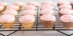 A cooling rack holds an assortment of freshly baked cupcakes. Some are vanilla and others are chocolate, all topped with swirls of pink frosting. The cupcakes are arranged in neat rows, resting on a wire rack atop a white surface.