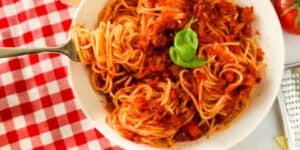 A plate of spaghetti with tomato sauce is garnished with a basil leaf and set on a red-and-white checkered tablecloth. A fork is twirling a portion of the spaghetti.