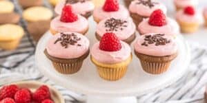 A white cake stand holds a batch of mini cupcakes with pink frosting, each topped with chocolate sprinkles and a fresh raspberry. More mini cupcakes and a bowl of raspberries are in the background on a striped cloth.
