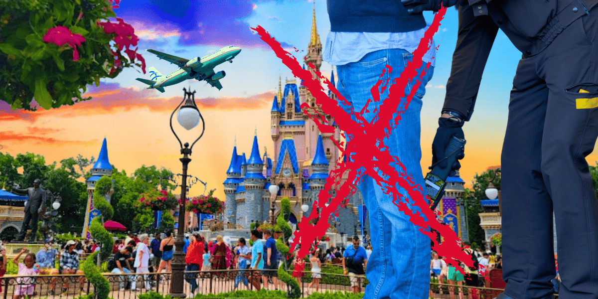 Image of a busy theme park with visitors and a castle in the background, overlaid with a red "x" across two people in the foreground. a plane flies in the sky above.