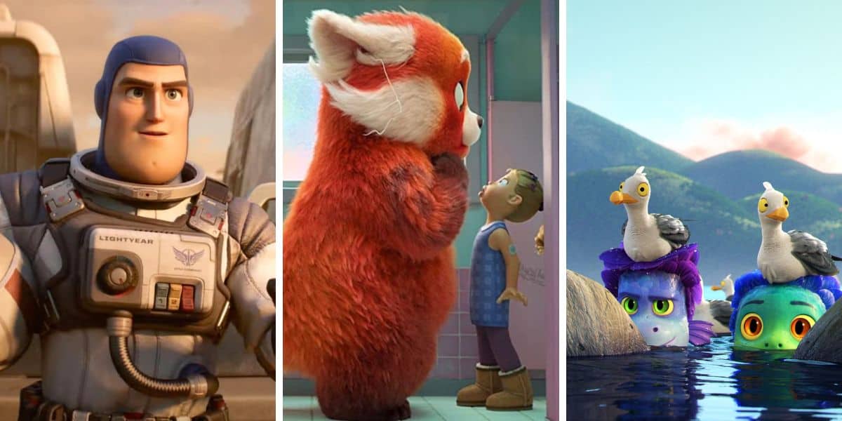 A collage of three animated scenes: On the left, a space ranger in a spacesuit; in the middle, a large red panda towering over a surprised girl in a bathroom; on the right, two sea monsters disguised as humans with seagulls on their heads peering out of the water.