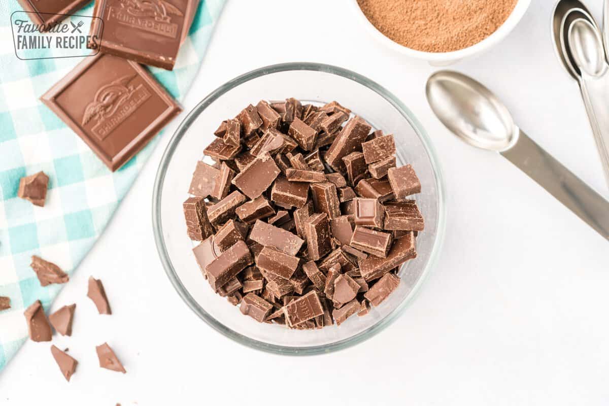chopped chocolate in a small glass bowl