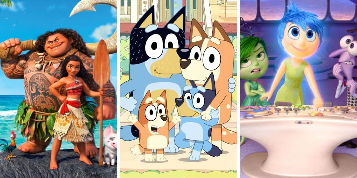 Moana, Bluey, and Inside Out characters