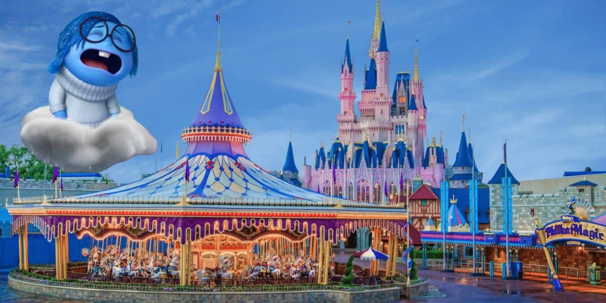 Sadness from Inside Out cries over Fantasyland in the Magic Kingdom at Walt Disney World Resort